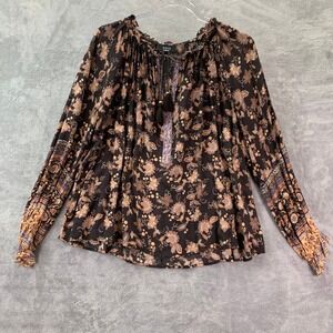 Boho Floral Peasant Top Oversized M Black Mixed Print Long Sleeve Tassel Tie